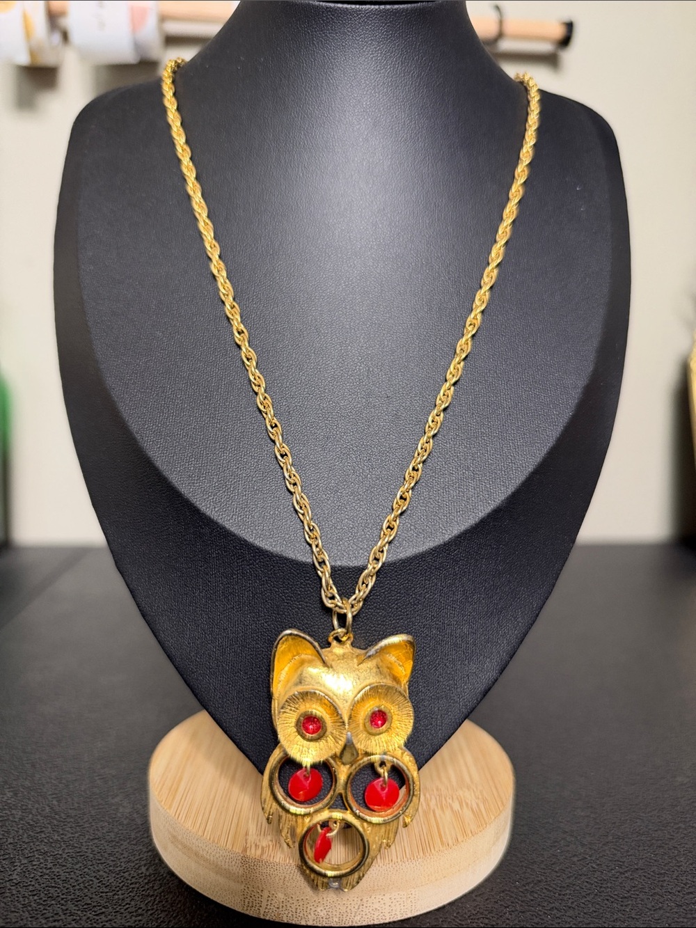 Vintage Gold-Tone Owl Pendant Long Chain Necklace with Red Accents